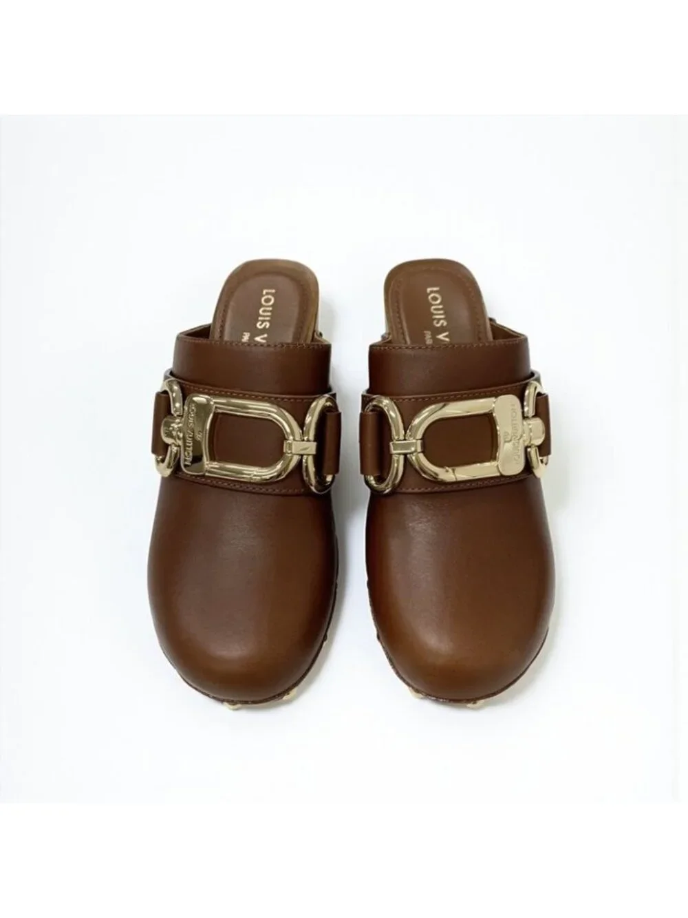 Louis Vuitton Cottage Line Sandals Shoes Leather Brown Gold Logo Studs Sabot - Picture 2 of 10